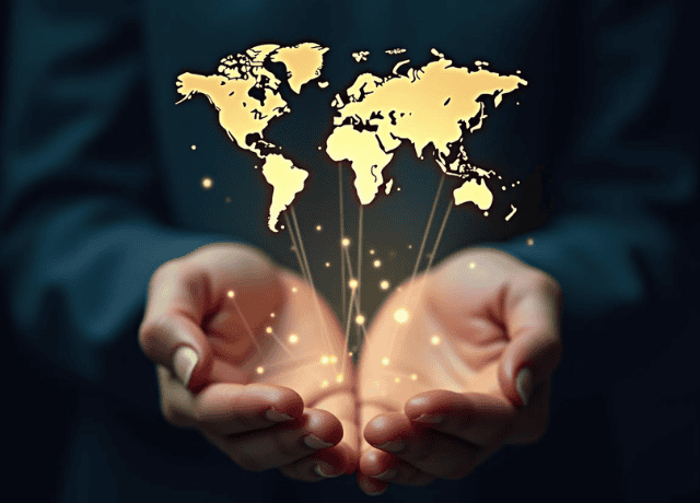 A map of the world floating over hands.