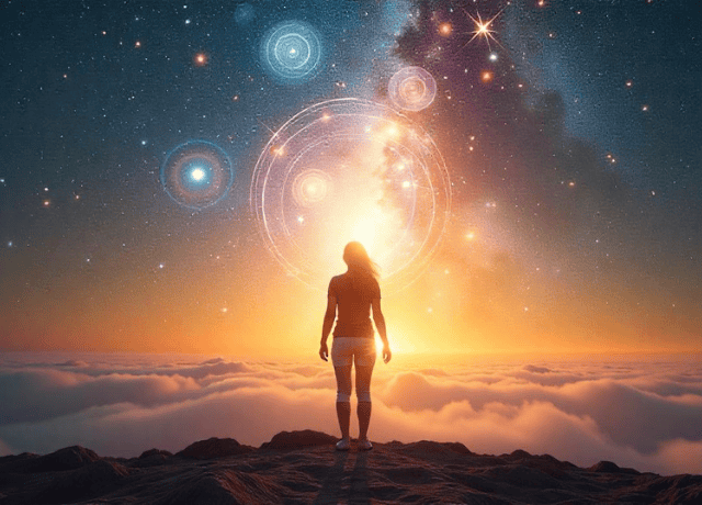 A person standing in vast, open horizon filled with cosmic energy