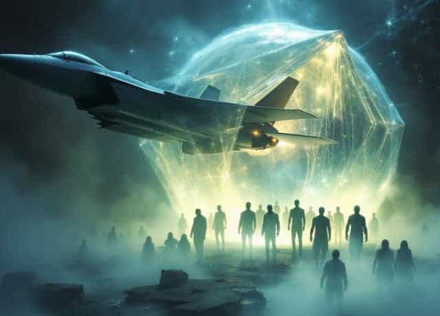 A fighter jet surrounded by a radiant glow