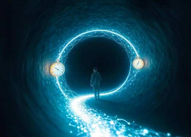 A man walking through a loop of time