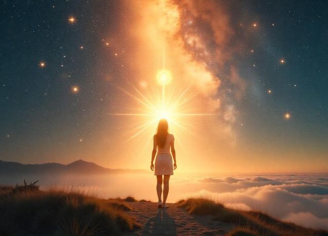 Girl standing walking to the cosmic light