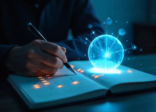 a man handwritting and a globe of light it's coming out of the book