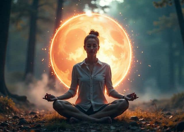 person seated in a meditative posture and surrounded by ethereal energy