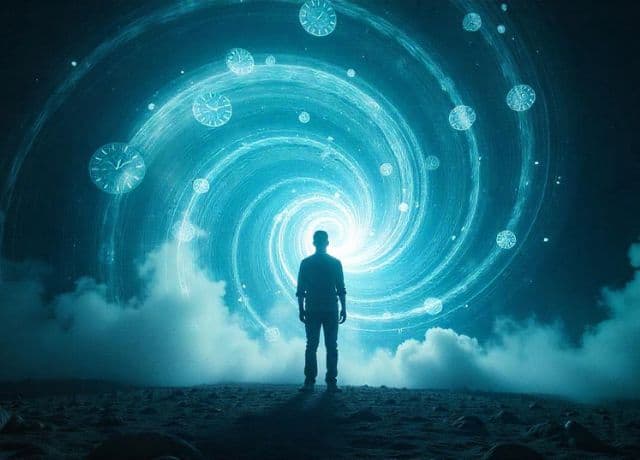 person standing at the center of a swirling vortex of light, with clocks